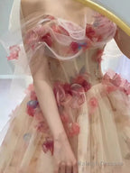 Ball Gowns Strapless Champagne Floral Prom Dresses Long Prom Dress