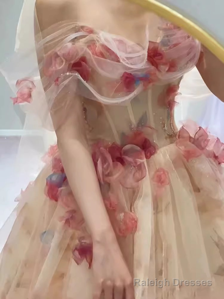 Ball Gowns Strapless Champagne Floral Prom Dresses Long Prom Dress