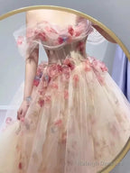 Ball Gowns Strapless Champagne Floral Prom Dresses Long Prom Dress