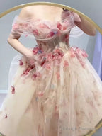 Ball Gowns Strapless Champagne Floral Prom Dresses Long Prom Dress