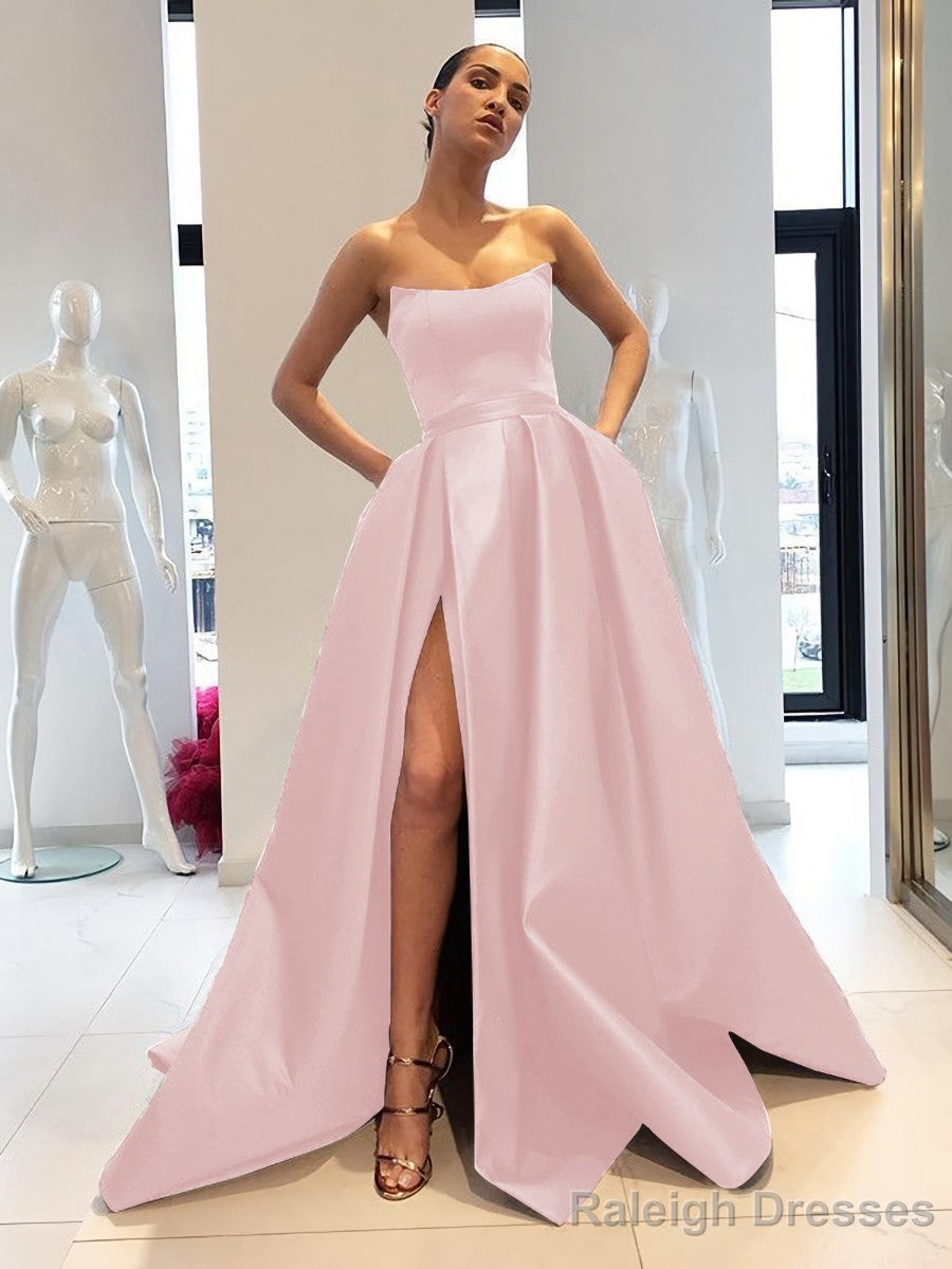 Ball Gown Strapless Sweep Train Satin Prom Dresses With Leg Slit