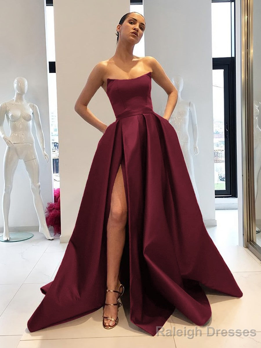 Ball Gown Strapless Sweep Train Satin Prom Dresses With Leg Slit