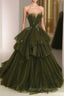 Ball Gown Strapless Tulle Long Green Prom Dress Evening Dresses