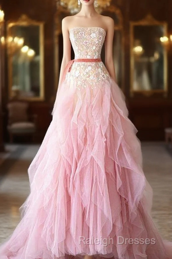 Ball Gown Strapless Tulle Long Pink Prom Dress Evening Dresses