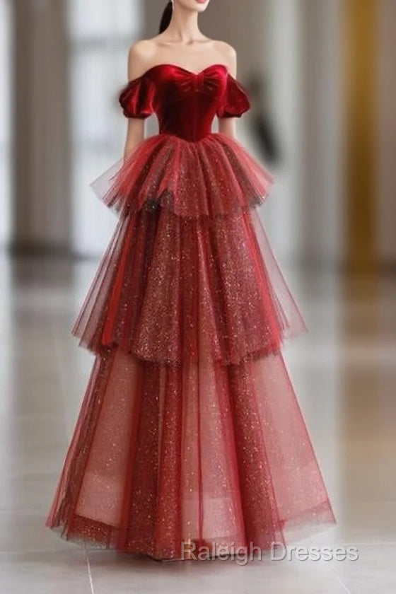 Ball Gown Strapless Tulle Long Red Prom Dress Evening Dresses