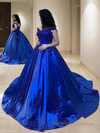 Ball Gowns Straps Court Train Satin Prom Dresses With Appliques Lace