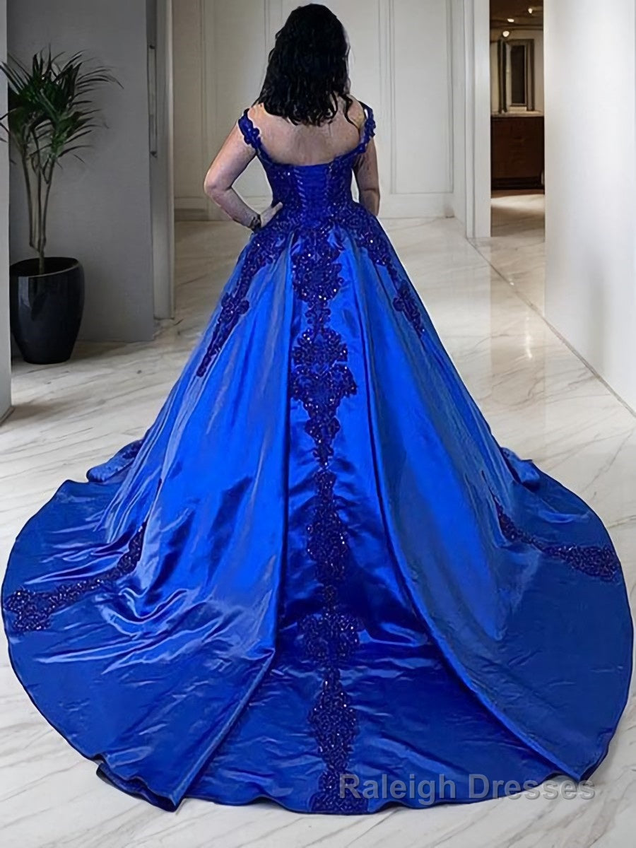 Ball Gown Straps Court Train Satin Evening Dresses With Appliques Lace Secondary image