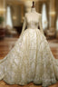Ball Gown Tulle Gold Sequins Lace Long Sleeve Backless Wedding Dress With Long Train
