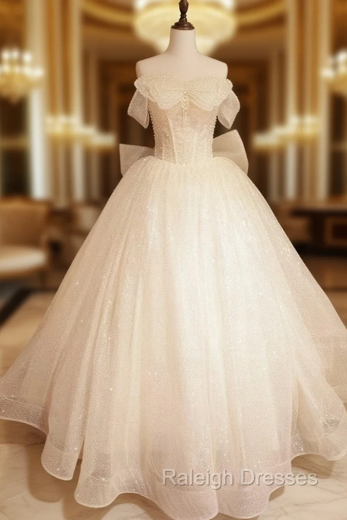 Ball Gown Tulle Off the Shoulder Pearl Wedding Dress