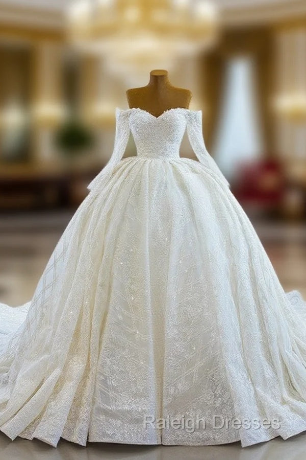 Ball Gown Tulle Sequins Long Sleeve Off the Shoulder Wedding Dress