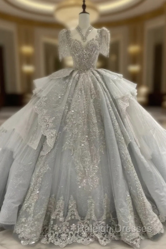 Ball Gown Tulle Sequins Long Train Wedding Dress