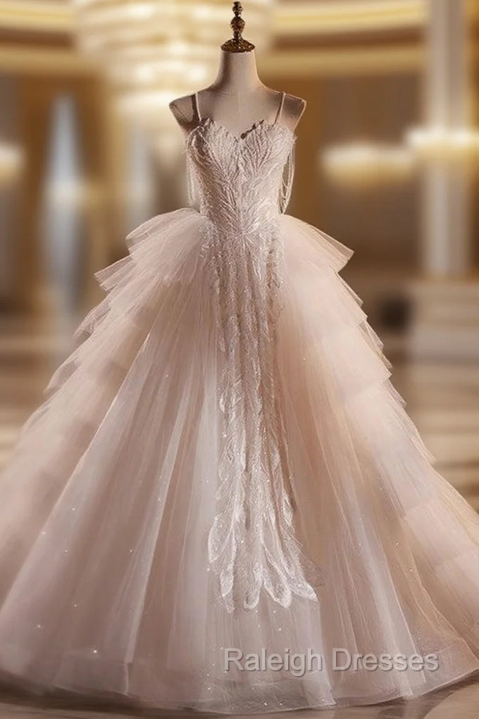Ball Gown Tulle Spaghetti Straps Tiers Wedding Dresses Main image