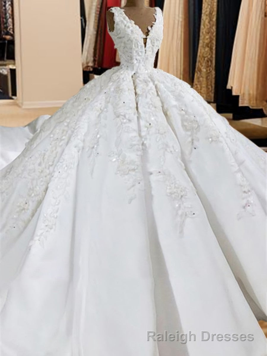 Ball-Gowns V Neck Appliques Lace Sweep Train Satin Wedding Dress