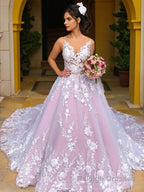 Ball Gowns V Neck Chapel Train Lace Wedding Dresses With Appliques Lace