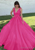 Ball Gown V Neck Court Train Lace Tulle Prom Dresses With Appliqued Beading