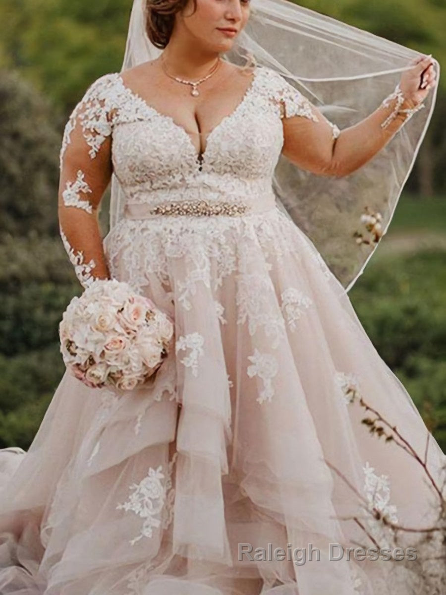 Ball Gowns V Neck Court Train Tulle Wedding Dresses With Appliques Lace Main image