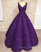 Ball Gown V Neck Dresses With 3D Lace Flowers