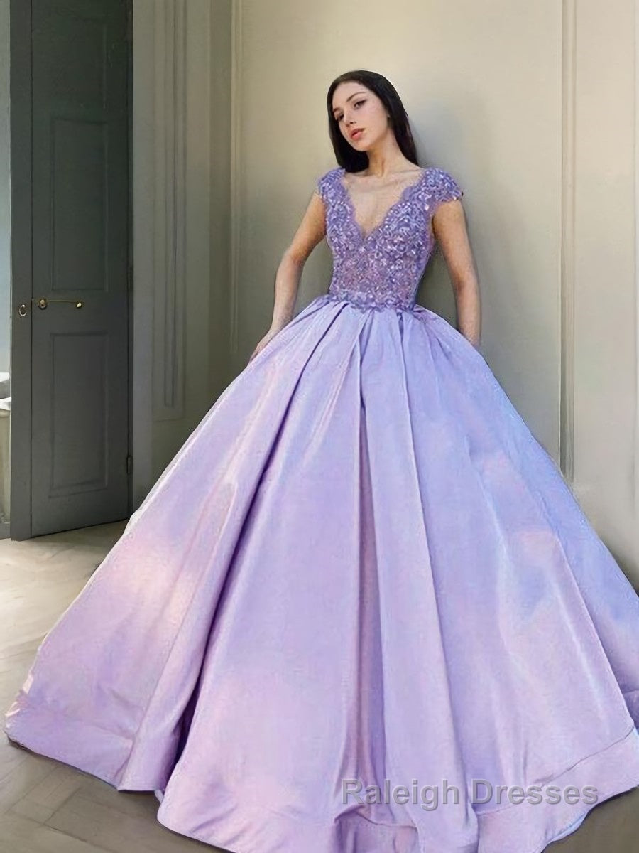 Ball Gowns V Neck Floor Length Satin Prom Dresses With Beading Main image