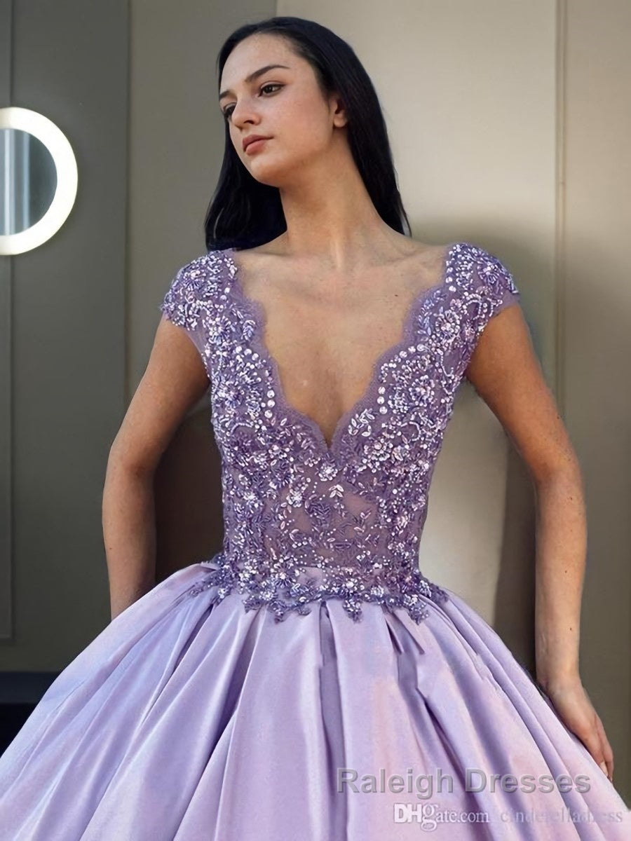Ball Gowns V Neck Floor Length Satin Prom Dresses With Beading Secondary image