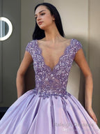 Ball Gowns V Neck Floor Length Satin Prom Dresses With Beading