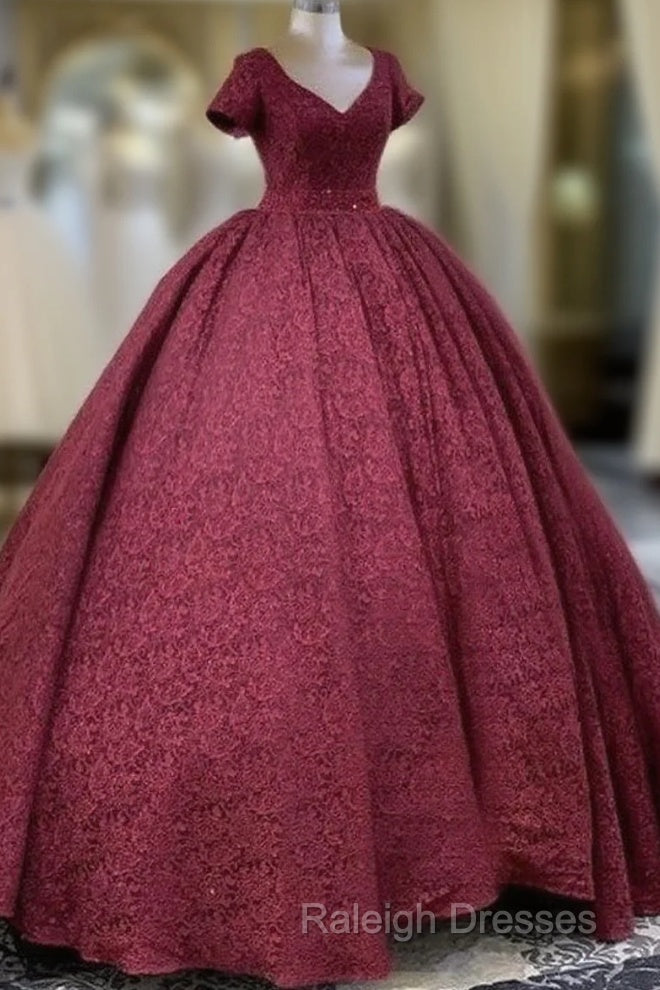 Ball Gown V Neck Lace Dress With Sleeves Main image