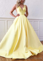 Ball Gown V Neck Sleeveless Satin Sweep Train Prom Dresses