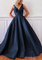 Ball Gown V Neck Sleeveless Satin Sweep Train Prom Dresses