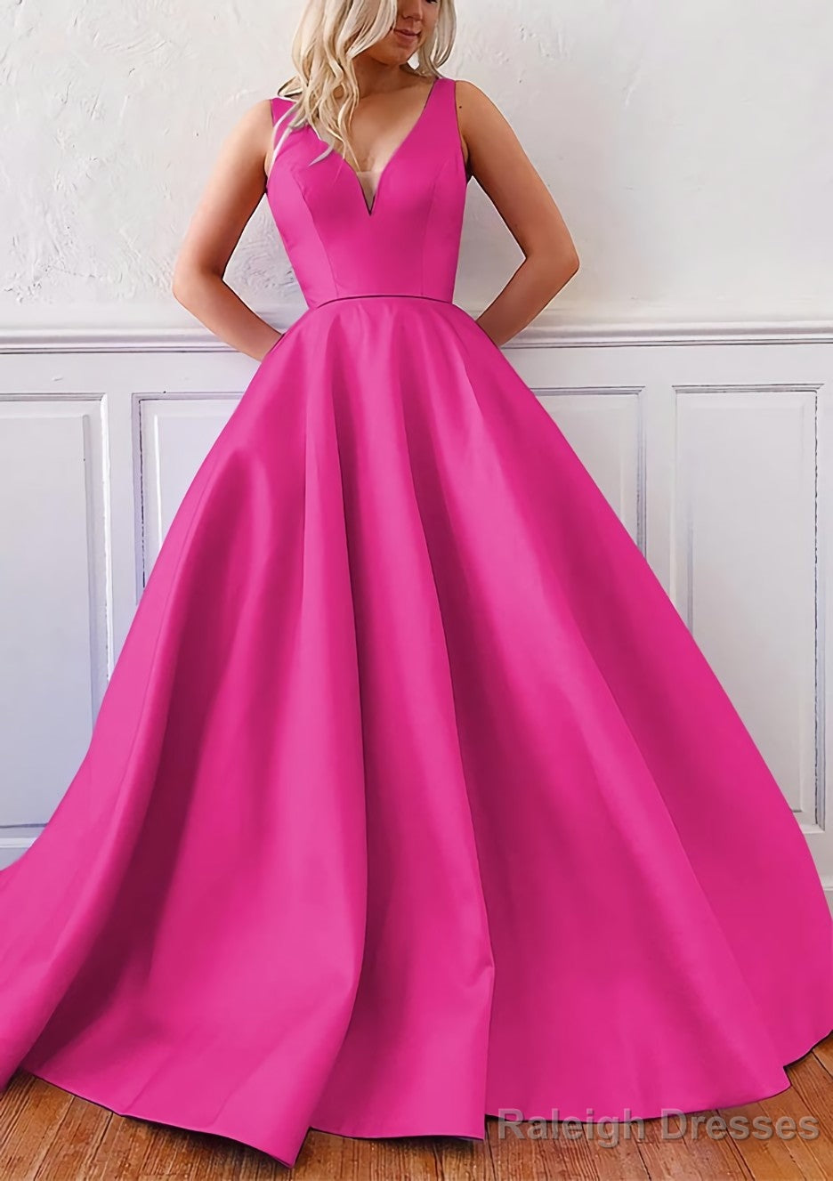 Ball Gown V Neck Sleeveless Satin Sweep Train Prom Dresses