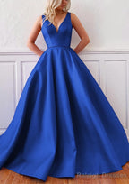 Ball Gown V Neck Sleeveless Satin Sweep Train Prom Dresses
