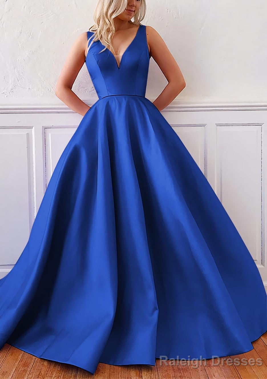 Ball Gown V Neck Sleeveless Satin Sweep Train Prom Dresses
