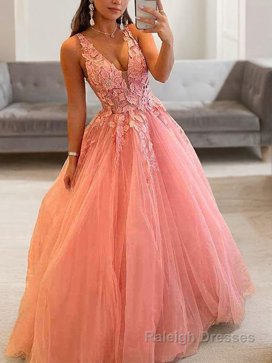 Ball Gowns V Neck Floor Length Tulle Prom Dresses With Appliques Lace Secondary image