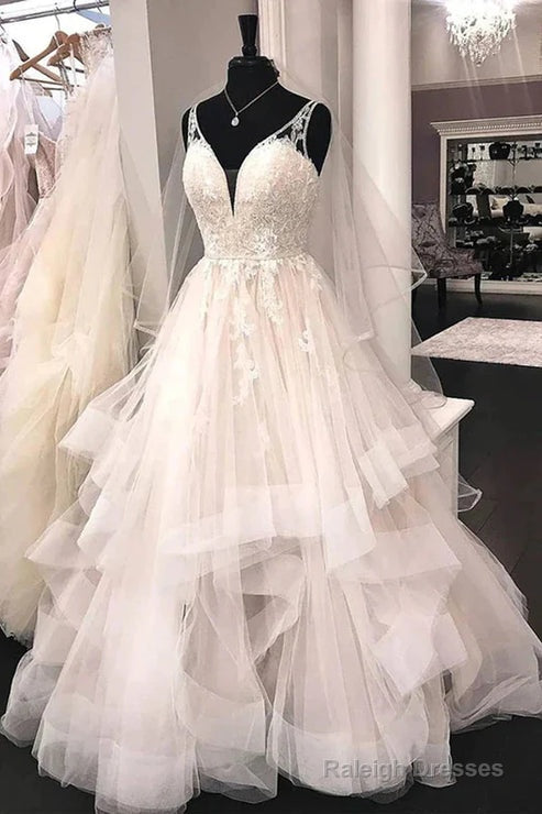 Ball Gowns V Neck Tulle Lace Wedding Dress A-Line Floor Length Beautiful