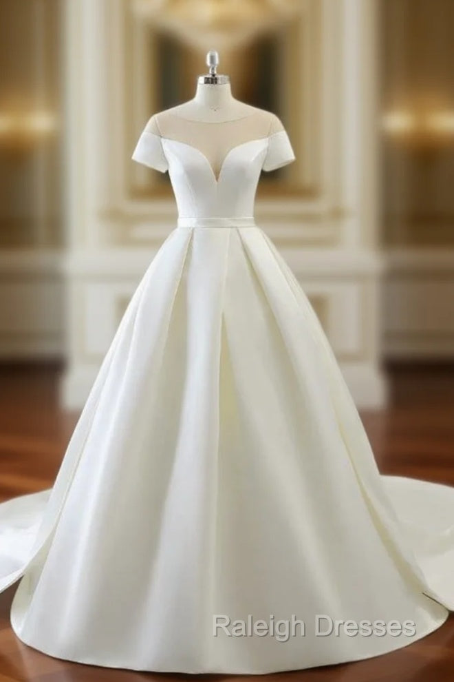Ball Gown White Satin Scoop Neck Short Satin Wedding Dress Main image