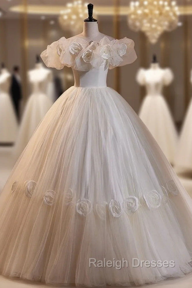 Ball Gown White Tulle 3D Flower Wedding Dress