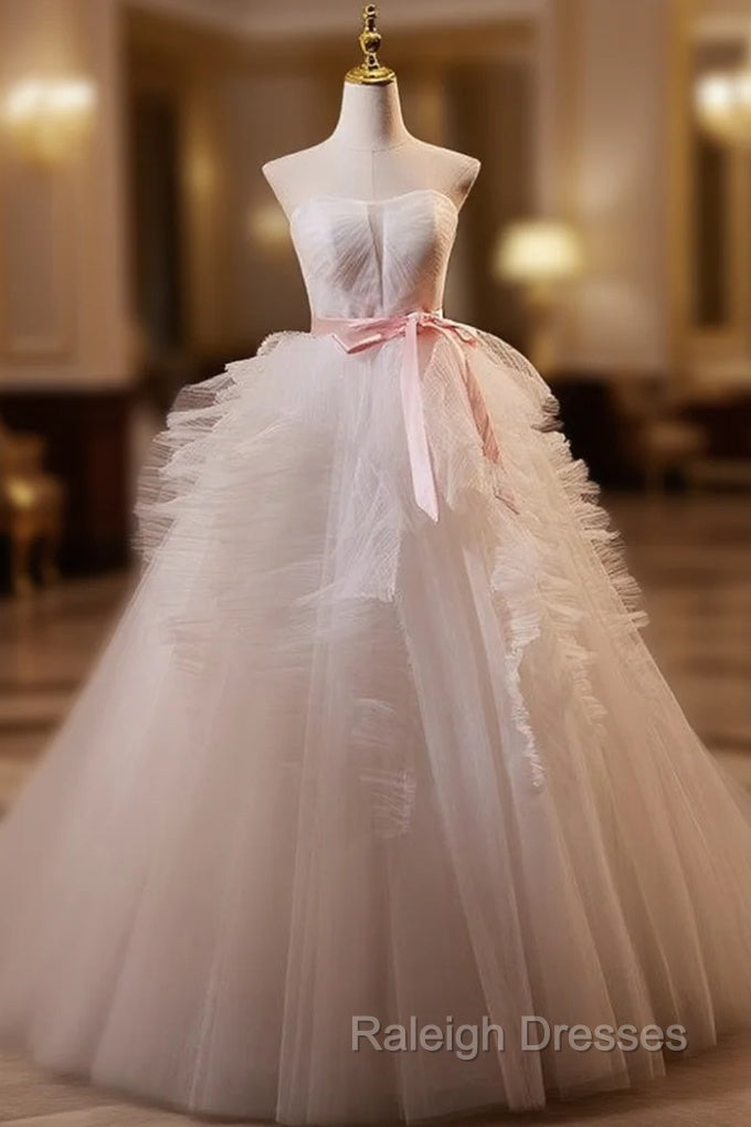 Ball Gown White Tulle Strapless Pleats Wedding Dress