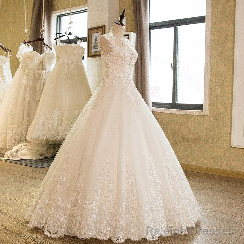 Ball Gown Tulle High Neck Wedding Dresses With Lace Applique