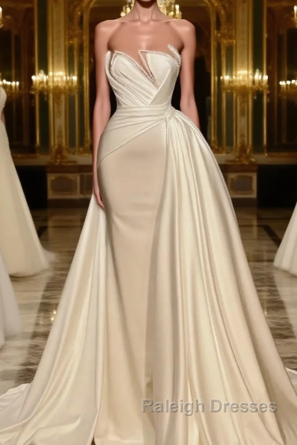 Beautiful Mermaid Wedding Gowns With Lace Long White Glitter Sleeveless Main image