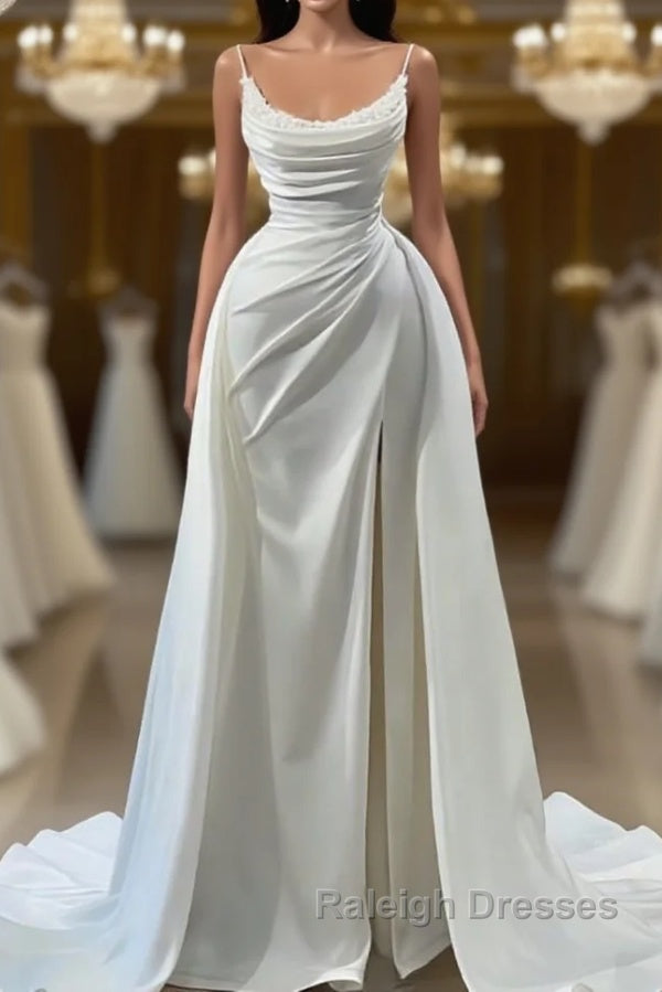 Modern White Spaghetti Straps Wedding Gowns With Beads Long Main image