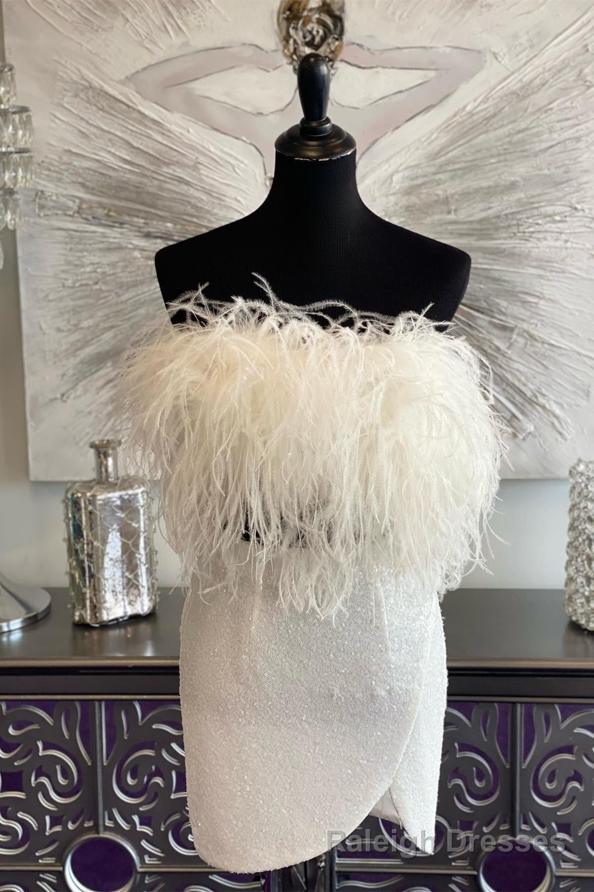 White Sequins Strapless Homecoming Dress with Feathers Main image