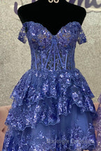 Red Off-the-Shoulder Lace Multi-Layers Appliques Sequins Homecoming Dress