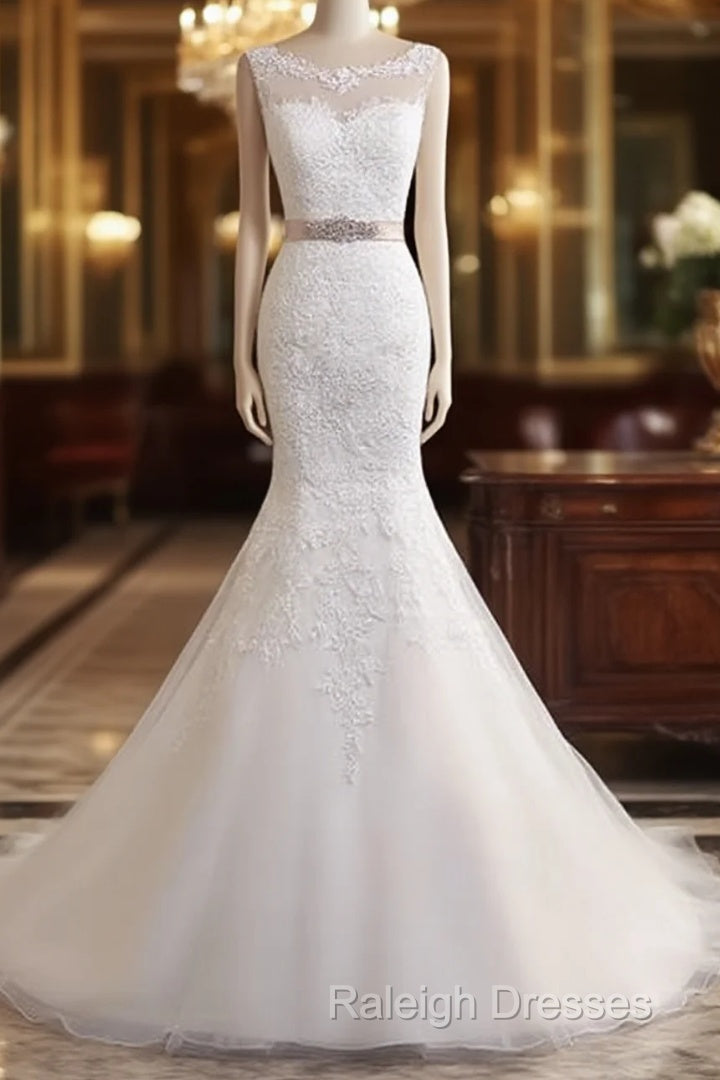 Bateau Neckline Mermaid Tulle Lace Wedding Dresses With Appliques Main image