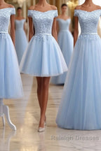Sky Blue A Line Lace Off Shoulder Prom Dress, Lace Evening Dresses