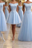 Sky Blue A Line Lace Off Shoulder Prom Dress, Lace Evening Dresses