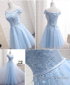 Sky Blue A Line Lace Off Shoulder Prom Dresses Lace Prom Dress