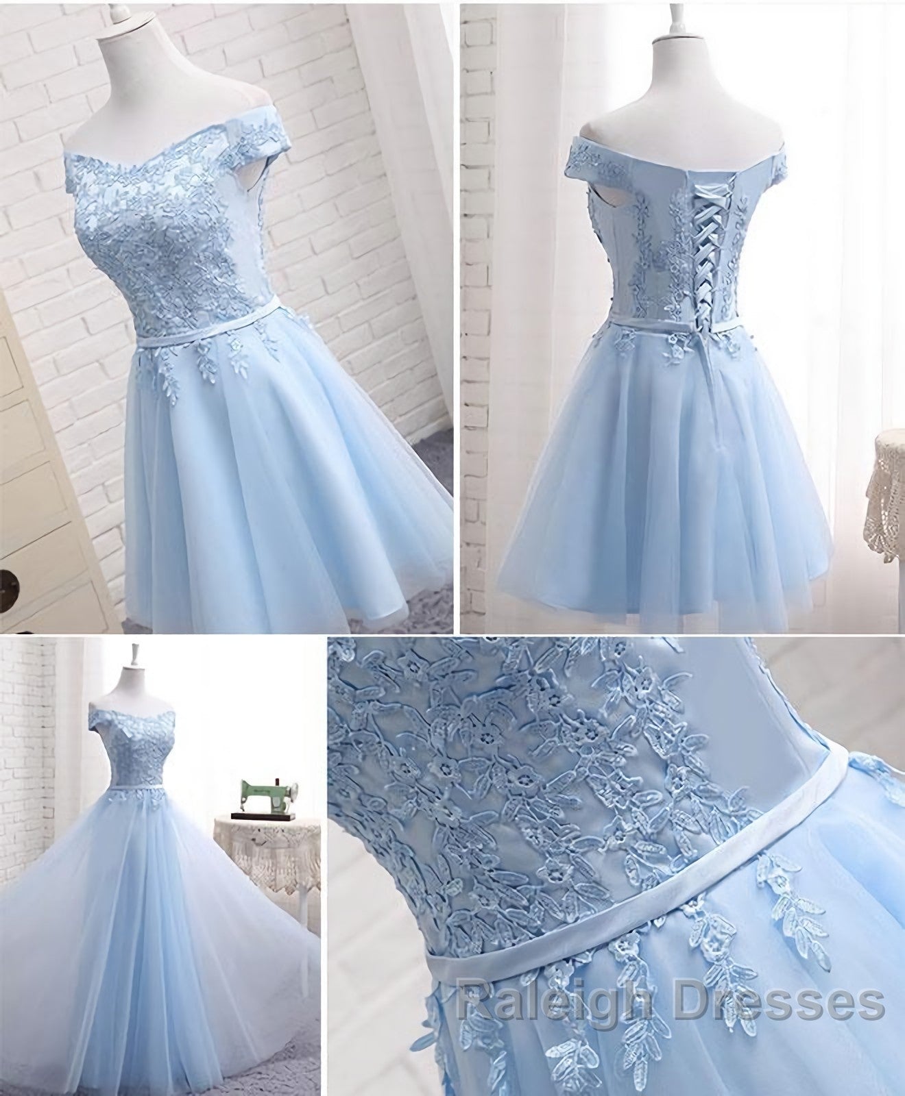 Sky Blue A Line Lace Off Shoulder Prom Dresses Lace Prom Dress