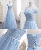 Sky Blue A Line Lace Off Shoulder Prom Dress, Lace Evening Dresses