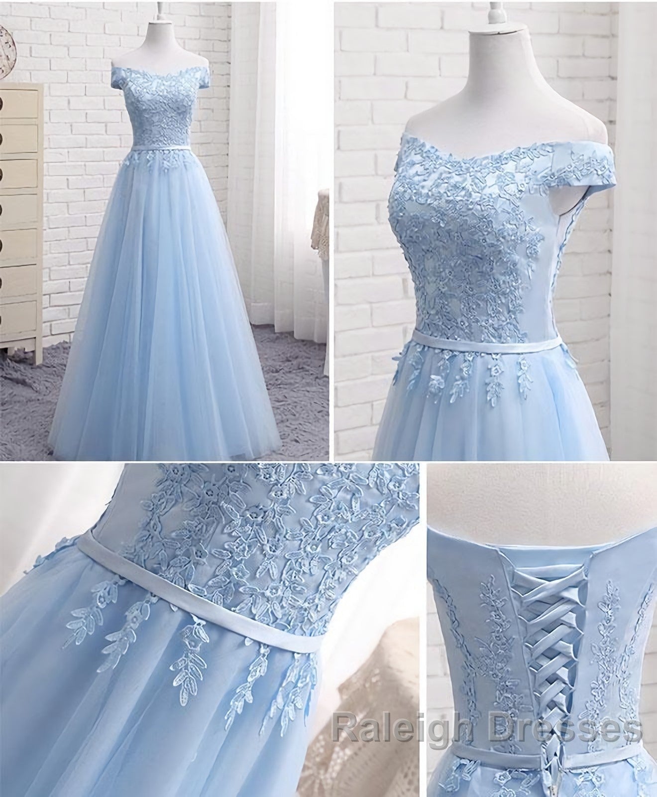 Sky Blue A Line Lace Off Shoulder Prom Dress, Lace Evening Dresses