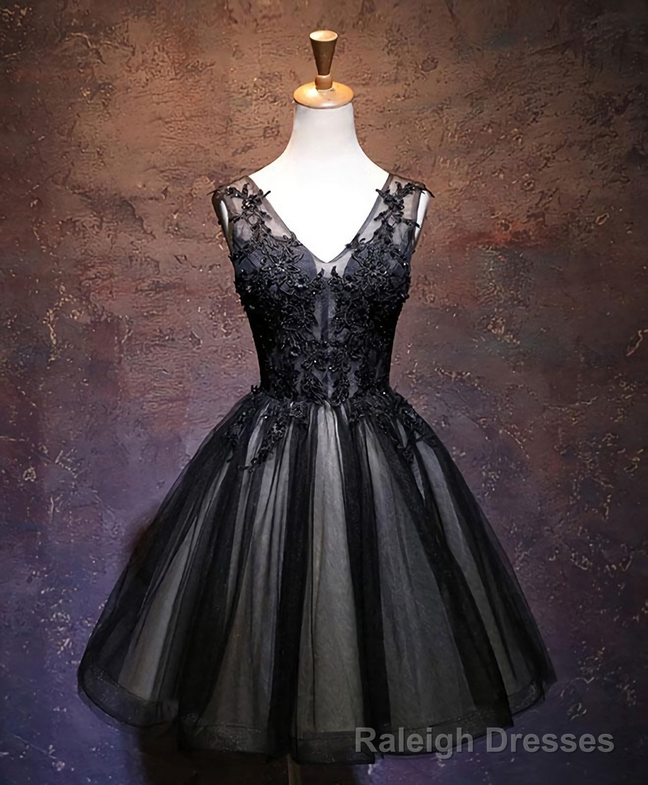 Black V Neck Lace Short Prom Dress, Black Prom Dress