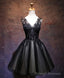 Black V Neck Lace Short Prom Dress, Black Prom Dress