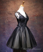 Black V Neck Lace Short Prom Dress, Black Party Dress
